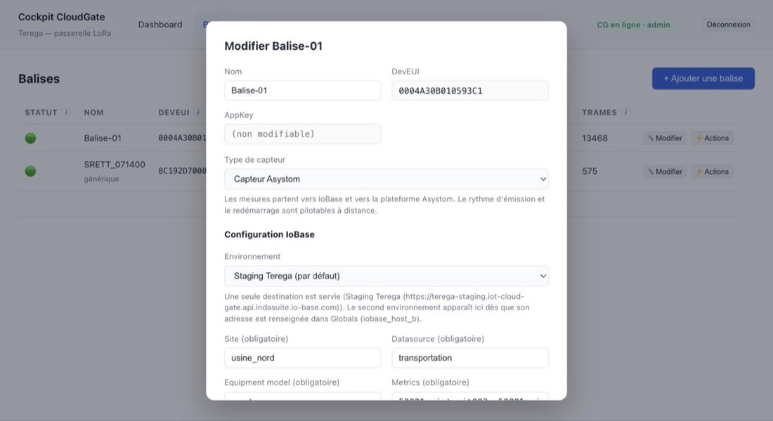 Formulaire de configuration d'une balise